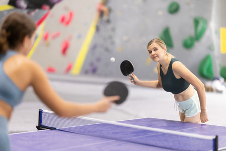 Young girl and her companion are playing table tennis ping pong.の写真素材