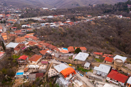 Aerial view of Georgian town of Sighnaghi on steep hill in springの写真素材
