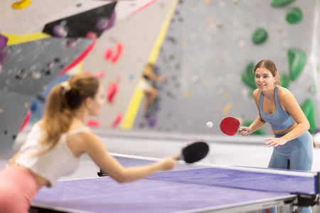Young girl and her companion are playing table tennis ping pong.の写真素材