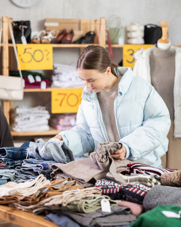 Teenage girl choosing woolen pantsの写真素材