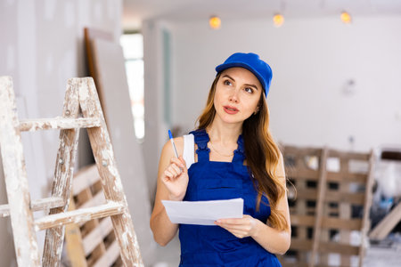 Young woman builder checking project documentationの写真素材