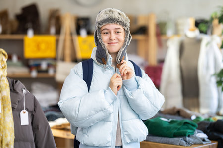 Glad teenage girl trying fur hat in clothing store