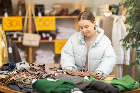 European happy teen girl buyer standing in clothing market and carefully examines selection of sweaters on Black Friday sale of winter clothing collectionの写真素材