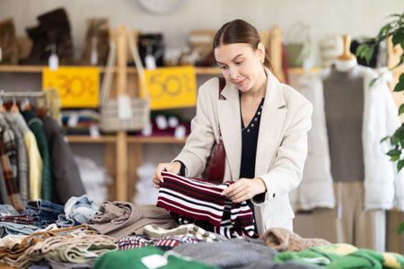 Woman choosing winter sweaters in the store