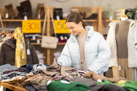 Focused young teen female client carefully choosing pants or stylish trousers in clothing mall. Sale of winter clothing collectionの写真素材