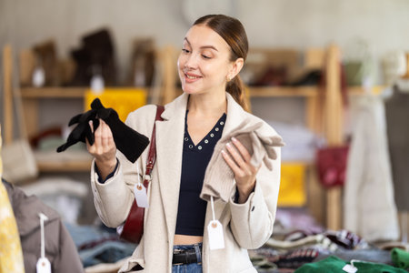 Young woman choosing winter gloves in clothing storeの写真素材