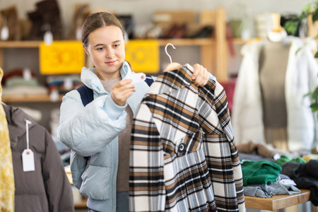 Positive teen girl choosing winter coat in clothing storeの写真素材