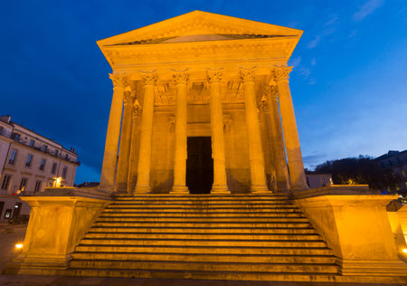 Night view of Maison Carree of Nimesの写真素材