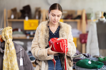 Adult woman choosing handbag in clothing storeの写真素材