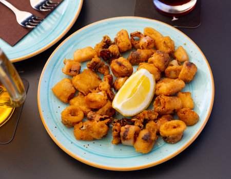 Spanish seafood dish battered fried baby squidの写真素材