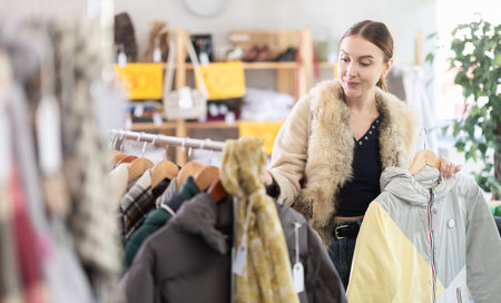 Woman choosing a down jacket in a clothing storeの写真素材