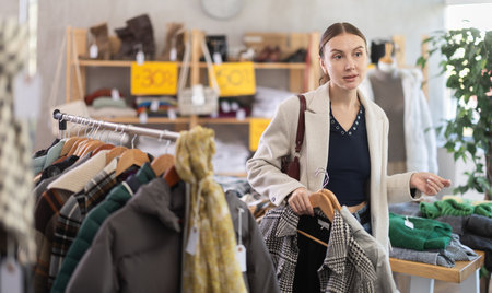 Woman choosing outerwear in a storeの写真素材