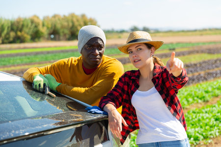 Farm workers talking near car on farm fieldの写真素材