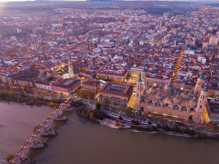 Aerial view of the ancient spanish city of Zaragoza on dawnの写真素材