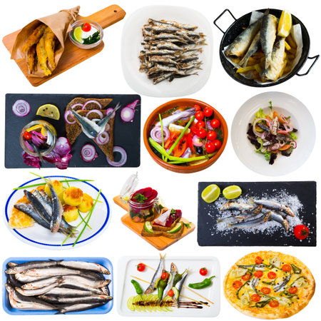 Collage of dishes with small fishの写真素材