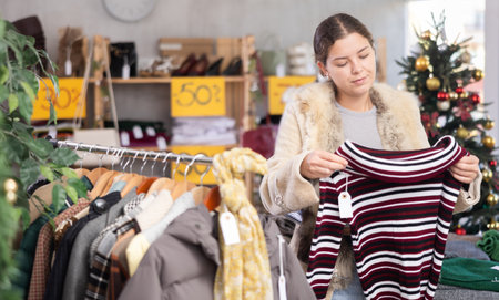 European girl near showcase pick out and buying sweater, New Year eveの写真素材