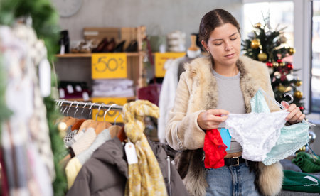 Young girl near showcase pick out and buying ladysの写真素材