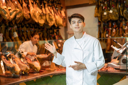 Jamoneria worker looking at camera and speakingの写真素材