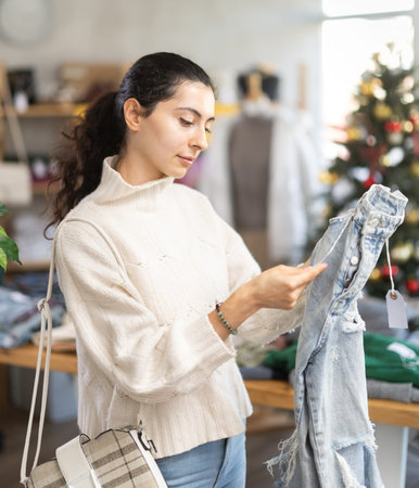Glad young Armenian girl choosing jeans pantaloons in clothing store