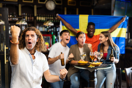 Joyful friends with the flag of Sweden celebrating the victory of their favorite team in beer barの写真素材