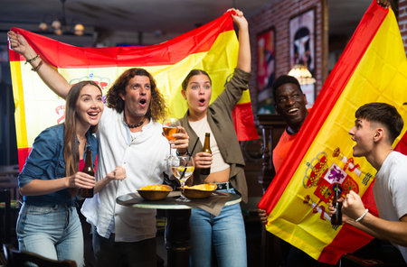 Happy fans celebrating the victory of Spanish team in barの写真素材