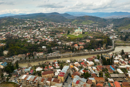 Panoramic view of Kutaisi center with Bagrati Cathedralの写真素材