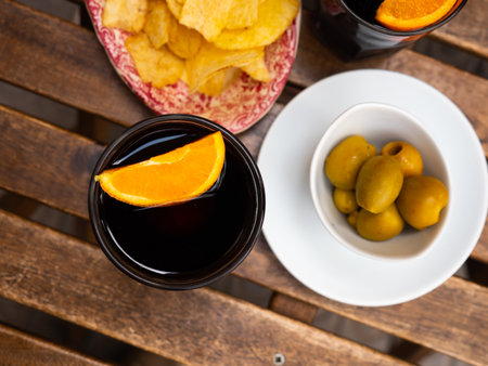 Vermouth drink with tapas, popular spanish aperitifの写真素材