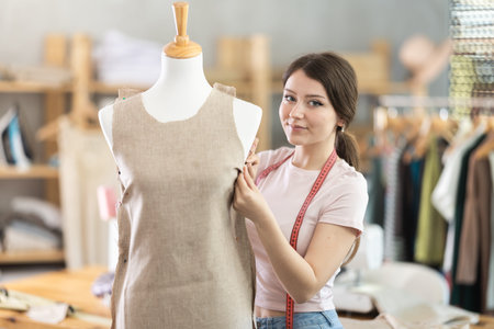 Woman seamstress adjusts clothes on mannequin