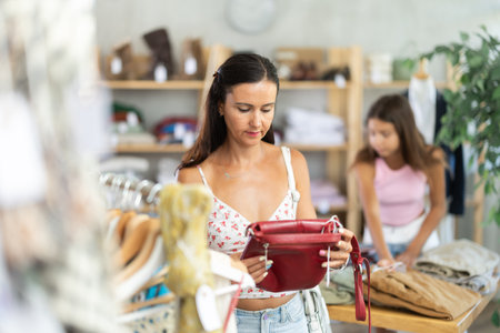 Woman customer choose handbag in storeの写真素材