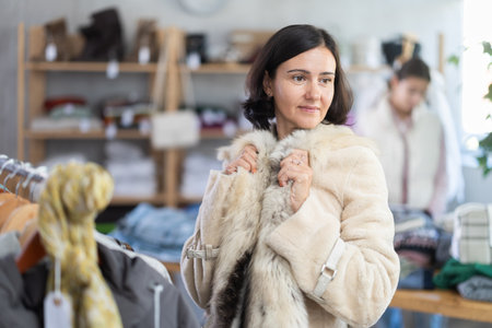 Adult woman trying on fur coat in storeの写真素材
