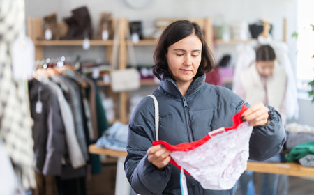 Woman looks at products in store and selects. Family shoppingの写真素材