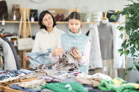 Adult woman and teenage girl choose jeans and trousersの写真素材