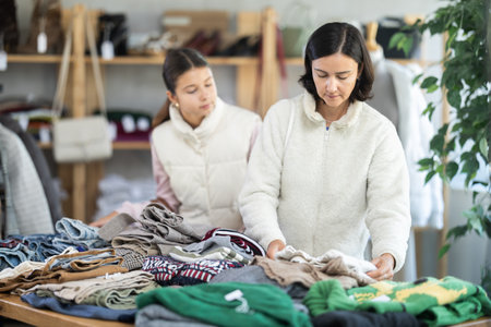 Mother and teen daughter looks at products in store and selects knitted jumper.の写真素材