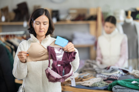 Woman looks at products in store and selects bra. Family shoppingの写真素材