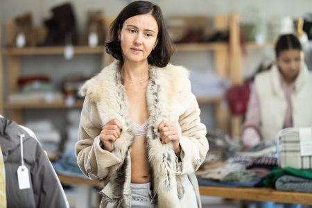 Woman trying on a fur jacket in front of a mirror in a clothes storeの写真素材