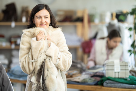 Adult woman trying on fur coat in storeの写真素材