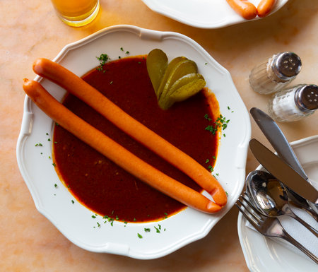 Two Viennese sausages with saftgoulash served on plateの写真素材