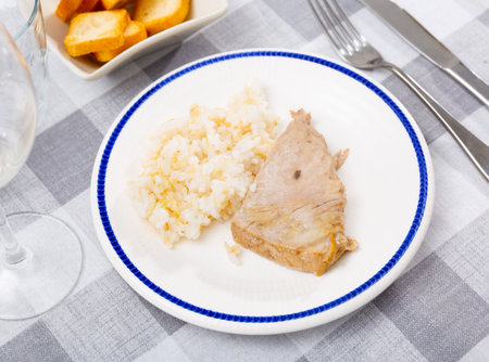 Slightly fried tuna slice with side dish of white riceの写真素材