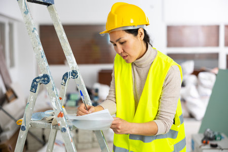 Woman worker filling documents during repair works indoorsの写真素材