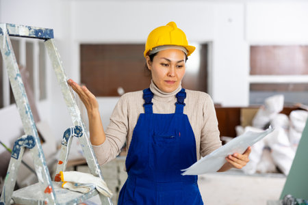 Frustrated woman builder checking project documentationの写真素材