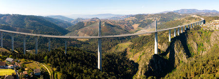 Panoramic aerial view of Vila Real viaduct crossing gorge of Corgo River