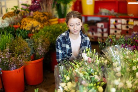 Female customer chooses a bouquet of roses in flower shopの写真素材