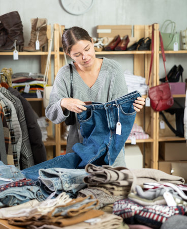 Young woman choosing jeans in clothing storeの写真素材