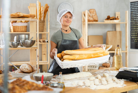 Bakery female seller stands proudly in front of fresh bread holding basket of freshly baked...