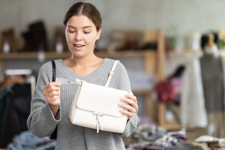 Young woman choosing handbag in clothing storeの写真素材