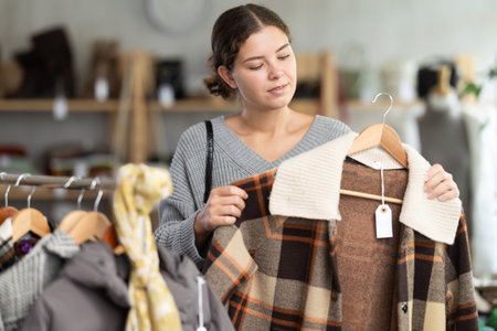 Young woman chooses plaid jacket in clothing storeの写真素材