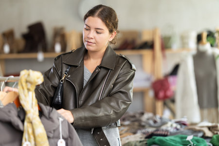 Female shopper selects clothes for autumn winter season in clothing storeの写真素材