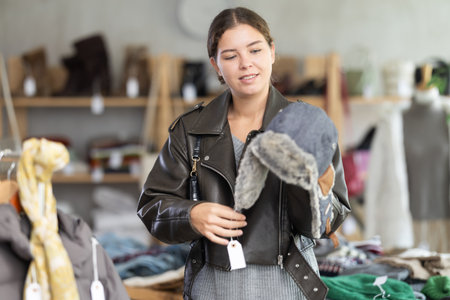 Glad young girl choosing fur hat in clothing storeの写真素材