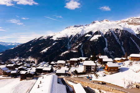 Aerial view of Swiss village Bellwaldの写真素材