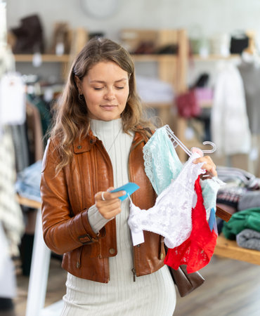 Positive young girl choosing pretty new panties in lingerie storeの写真素材